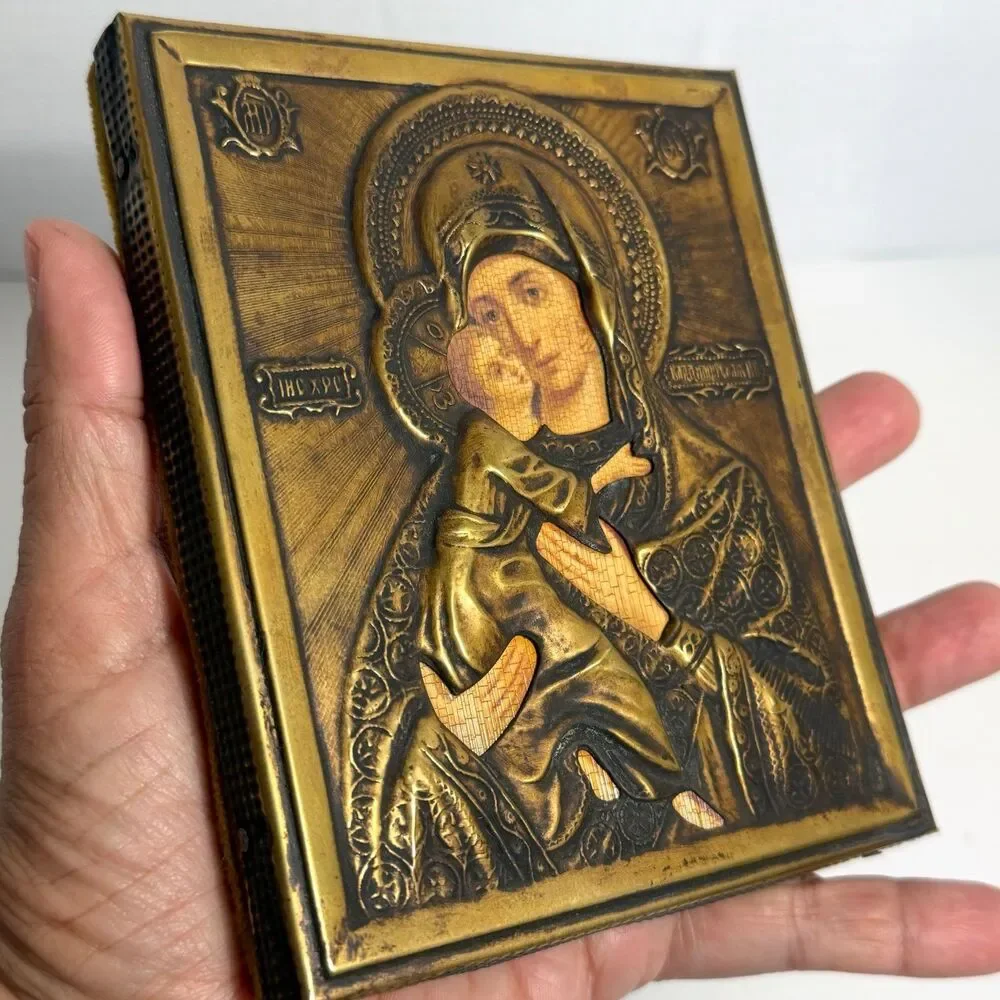 Vintage Virgin of Vladimir Metal Oklad Icon Plaque Wall Hanging